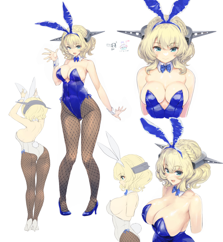 1girl absurdres animal_ears ass bare_legs black_pantyhose blonde_hair blue_bow blue_bowtie blue_eyes blue_leotard bow bowtie breasts cleavage colorado_(kancolle) commentary_request commission cowboy_shot detached_collar fishnet_pantyhose fishnets headgear highres kantai_collection kiyama_satoshi large_breasts leotard looking_at_viewer multiple_views pantyhose playboy_bunny rabbit_ears rabbit_tail short_hair side-tie_leotard simple_background skeb_commission smile standing strapless strapless_leotard tail upper_body white_background white_footwear white_leotard wrist_cuffs