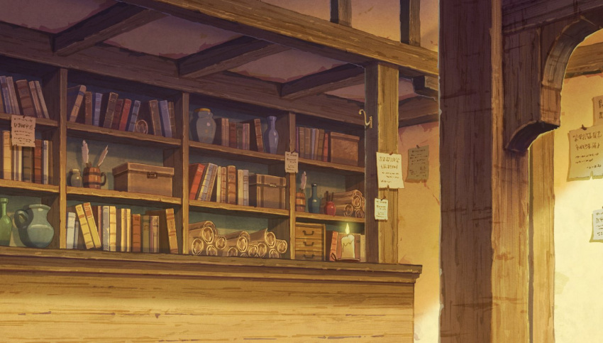 akagi_hisako book bookshelf bottle drawer jar note paper quill scenery scroll tondemo_skill_de_isekai_hourou_meshi