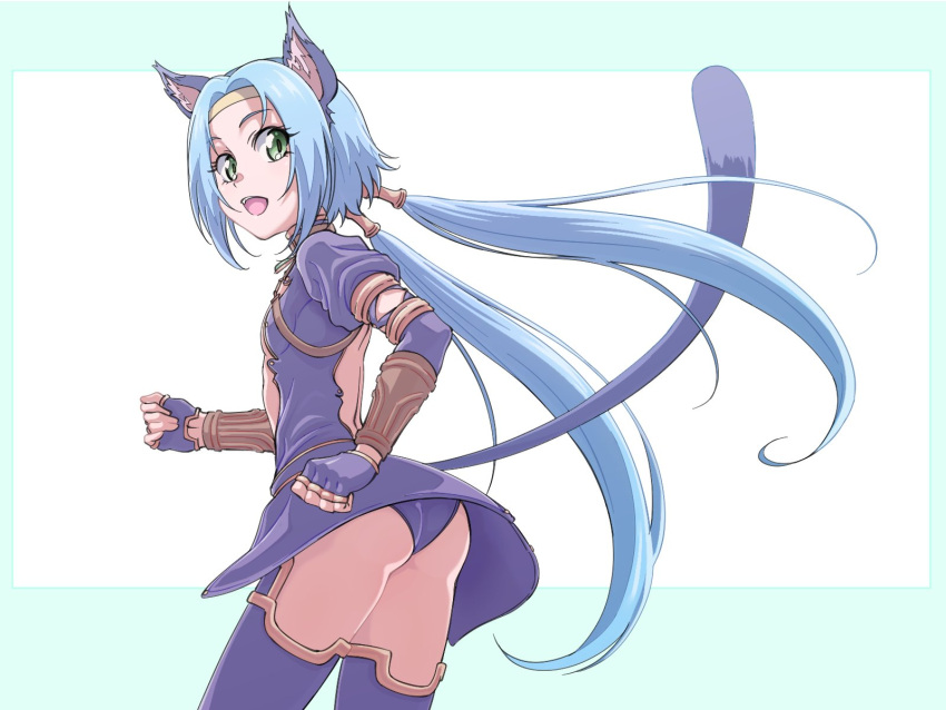 1girl animal_ears ass blue_hair cat_ears cat_tail fingerless_gloves from_behind full_body gloves highres kaien_advance long_hair looking_at_viewer low_twintails meracle_chamlotte open_mouth panties smile solo star_ocean star_ocean_the_last_hope tail thighhighs twintails underwear