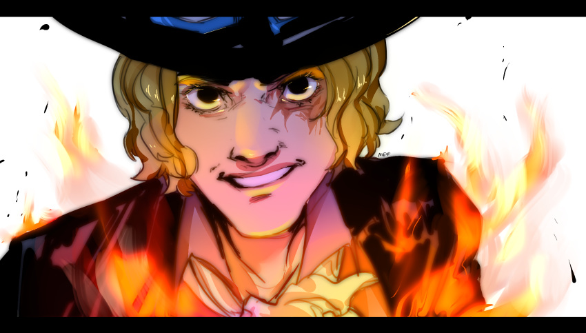 1boy ascot black_eyes black_headwear commentary fire goggles goggles_on_headwear hat highres letterboxed looking_at_viewer male_focus mishailla one_piece sabo_(one_piece) scar scar_across_eye scar_on_face signature smile solo teeth top_hat