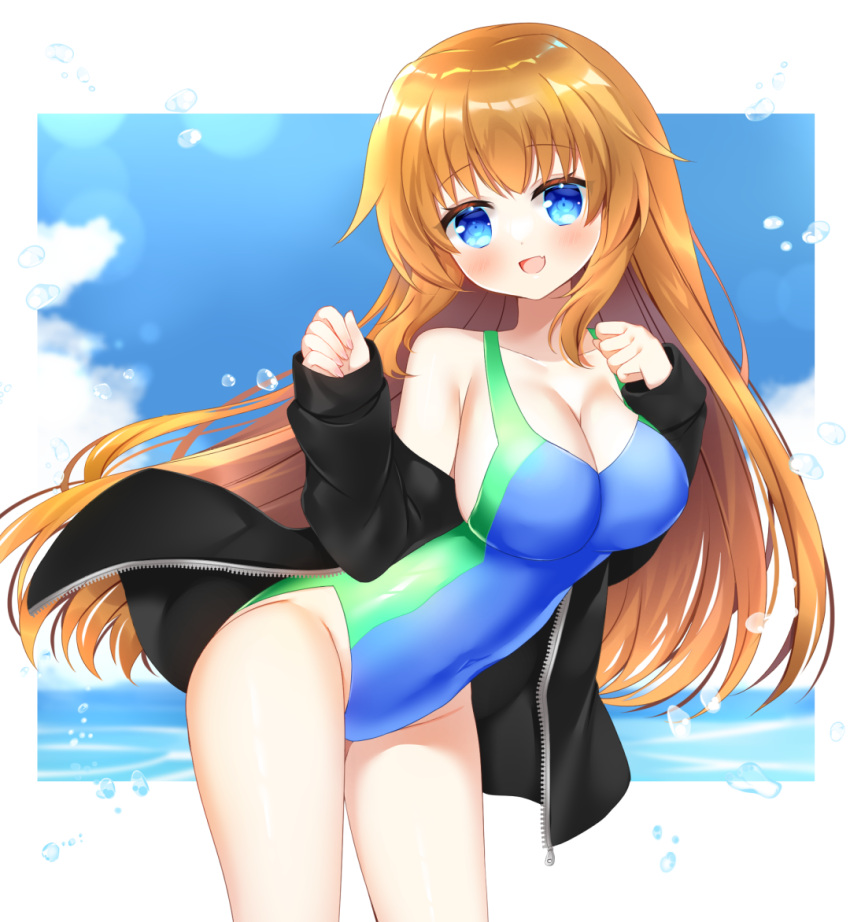 1girl :d bare_shoulders black_jacket blue_eyes blue_one-piece_swimsuit blue_sky breasts brown_hair cleavage cloud collarbone commission covered_navel day fang groin jacket large_breasts leaning_forward long_hair long_sleeves looking_at_viewer ocean off_shoulder one-piece_swimsuit open_clothes open_jacket original puffy_long_sleeves puffy_sleeves shikito skeb_commission sky sleeves_past_wrists smile solo standing swimsuit swimsuit_under_clothes very_long_hair water water_drop