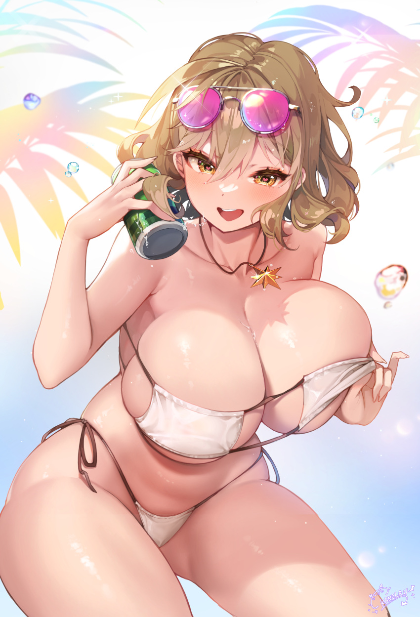1girl absurdres anis_(nikke) anis_(sparkling_summer)_(nikke) bare_shoulders bikini blush breasts can cleavage collarbone eyepatch_bikini eyewear_on_head goddess_of_victory:_nikke highres huge_breasts jewelry kanola_u light_brown_hair looking_at_viewer necklace official_alternate_costume open_clothes open_mouth short_hair smile soda_can solo star_(symbol) star_necklace sunglasses swimsuit thick_thighs thighs white_bikini yellow_eyes
