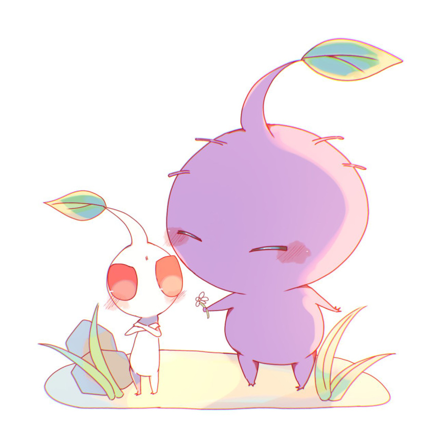 blush blush_stickers closed_eyes colored_skin commentary_request crossed_arms flower grass highres holding holding_flower leaf ni-gou no_humans pikmin_(creature) pikmin_(series) purple_hair purple_pikmin purple_skin red_eyes rock short_hair solid_circle_eyes tiny very_short_hair white_flower white_pikmin white_skin