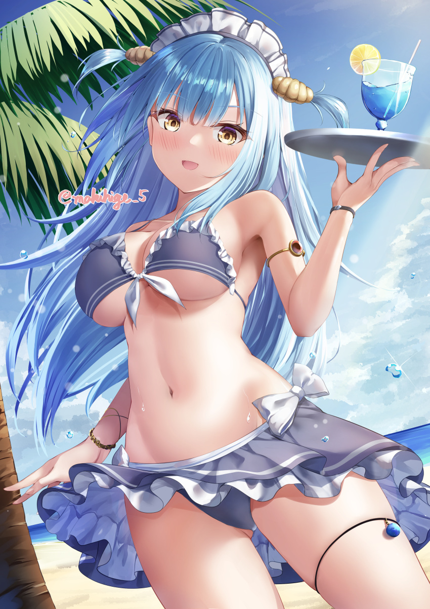 1girl absurdres arm_behind_back azur_lane beach bikini bikini_skirt blue_bikini blue_hair blush breasts cleavage commentary_request cup drinking_glass frilled_bikini frills front-tie_bikini_top front-tie_top groin hand_up happy highres holding holding_tray legs_apart long_hair looking_at_viewer maid_headdress makihige medium_breasts midriff navel neptune_(azur_lane) ocean outdoors palm_tree shell_hair_ornament side-tie_bikini_bottom signature skindentation solo standing stomach sunlight swimsuit thigh_strap thighs tray tree underboob upskirt very_long_hair wristband yellow_eyes