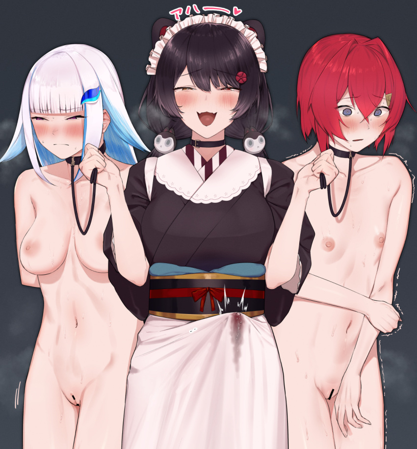 3girls ange_katrina animal_collar animal_ears apron arms_behind_back bangs bar_censor bdsm black_collar black_hair black_kimono blue_eyes blue_hair blunt_bangs blush breasts breath bulge censored collar collarbone completely_nude crossed_bangs cum cum_in_clothes cum_through_clothes dog_ears dog_girl dog_hair_ornament erection erection_under_clothes fangs flat_chest flipped_hair flower futanari gamarenji hair_between_eyes hair_flower hair_intakes hair_ornament hairclip half-closed_eyes heterochromia highres holding holding_leash inui_toko japanese_clothes kimono large_breasts leash lize_helesta long_hair long_sleeves looking_at_viewer low_twintails maid_headdress medium_breasts multicolored_hair multiple_girls navel nijisanji nose_blush nude obi open_mouth purple_eyes pussy red_eyes red_flower red_hair sanbaka_(nijisanji) sash short_hair sleeves_pushed_up smile standing stomach swept_bangs tearing_up trembling twintails two-tone_hair virtual_youtuber wa_maid waist_apron wavy_eyes white_apron white_hair wide_sleeves yellow_eyes