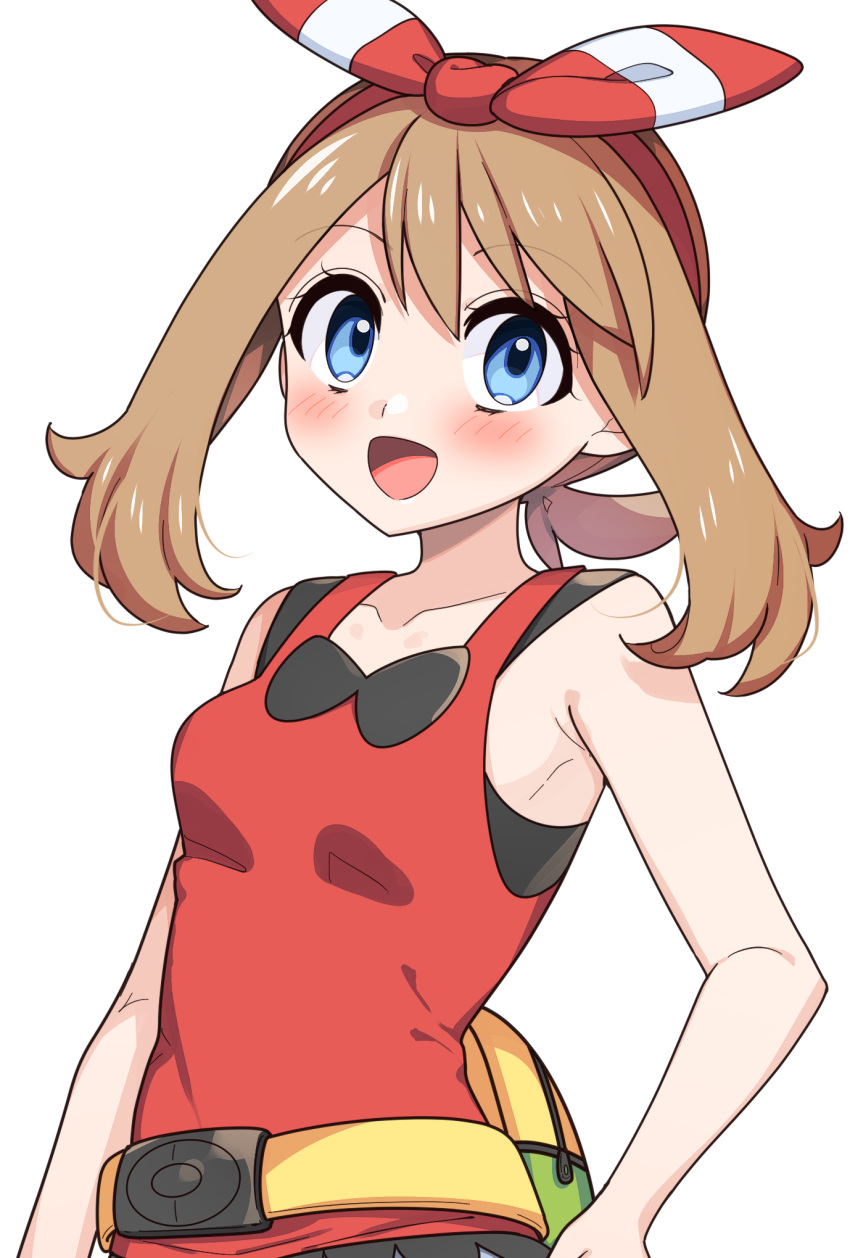 1girl :d bare_arms blue_eyes blush bow_hairband breasts collarbone commentary eyelashes fanny_pack hairband highres may_(pokemon) open_mouth pokemon pokemon_(game) pokemon_oras red_hairband red_shirt shirt sleeveless sleeveless_shirt smile solo tongue yellow_bag yuihico