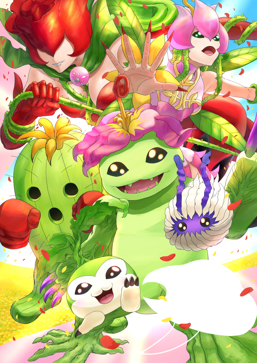 2girls 4others boxing_gloves breasts cactus cape cleavage covered_eyes digimon digimon_(creature) elbow_gloves fairy flower gloves hat highres large_breasts leaf_wings lilimon looking_at_viewer mask monster_girl multiple_girls multiple_others open_mouth palmon petals plant plant_girl plant_monster red_gloves red_nails rosemon sharp_teeth spines tanemon teeth togemon wrongscale yuramon