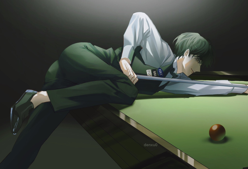 1boy ass ass_focus ball billiard_ball billiards black_background black_bow black_bowtie black_eyes black_hair black_pants black_vest bow bowtie collared_shirt cue_stick denxu0 highres holding_cue_stick kim_dokja leg_up long_sleeves looking_to_the_side male_focus omniscient_reader's_viewpoint on_table pants pool_table shirt short_hair smile table vest