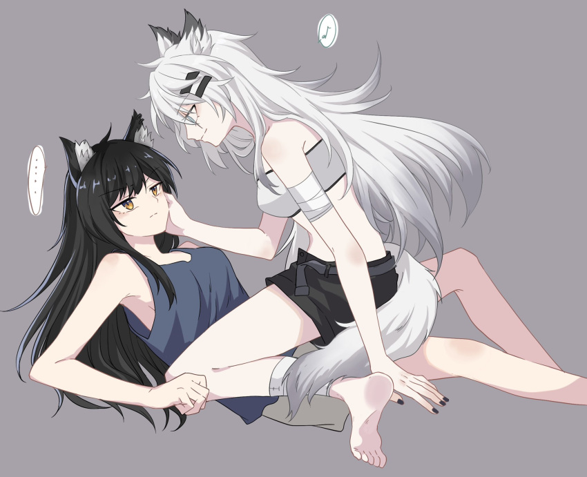 ... 2girls ahoge animal_ear_fluff animal_ear_piercing animal_ears aqua_eyes arknights arm_support armpit_crease bandaged_arm bandaged_leg bandages bandeau bare_arms bare_legs bare_shoulders barefoot belt belt_buckle black_belt black_hair black_nails black_outline black_shorts blue_tank_top breasts brown_outline buckle buttons clenched_hand closed_mouth collarbone commentary_request ear_piercing expressionless eye_contact feet_out_of_frame fingernails from_side full_body girl_on_top grey_background grey_hair grey_outline grey_shorts hair_between_eyes hair_ornament hairclip hand_on_another's_cheek hand_on_another's_face hand_on_ground hand_up highres invisible_floor itonatsu lappland_(arknights) light_smile long_hair looking_at_another looking_down looking_up medium_breasts messy_hair midriff multiple_girls musical_note nail_polish open_belt open_fly orange_eyes outline outstretched_hand pale_skin piercing scar scar_across_eye scar_on_face short_shorts shorts simple_background single_sidelock sitting sitting_on_person sleeveless snap-fit_buckle soles speech_bubble spoken_ellipsis spoken_musical_note tail tank_top texas_(arknights) thighs toes unbuttoned wariza white_bandeau wolf_ears wolf_girl wolf_tail yuri
