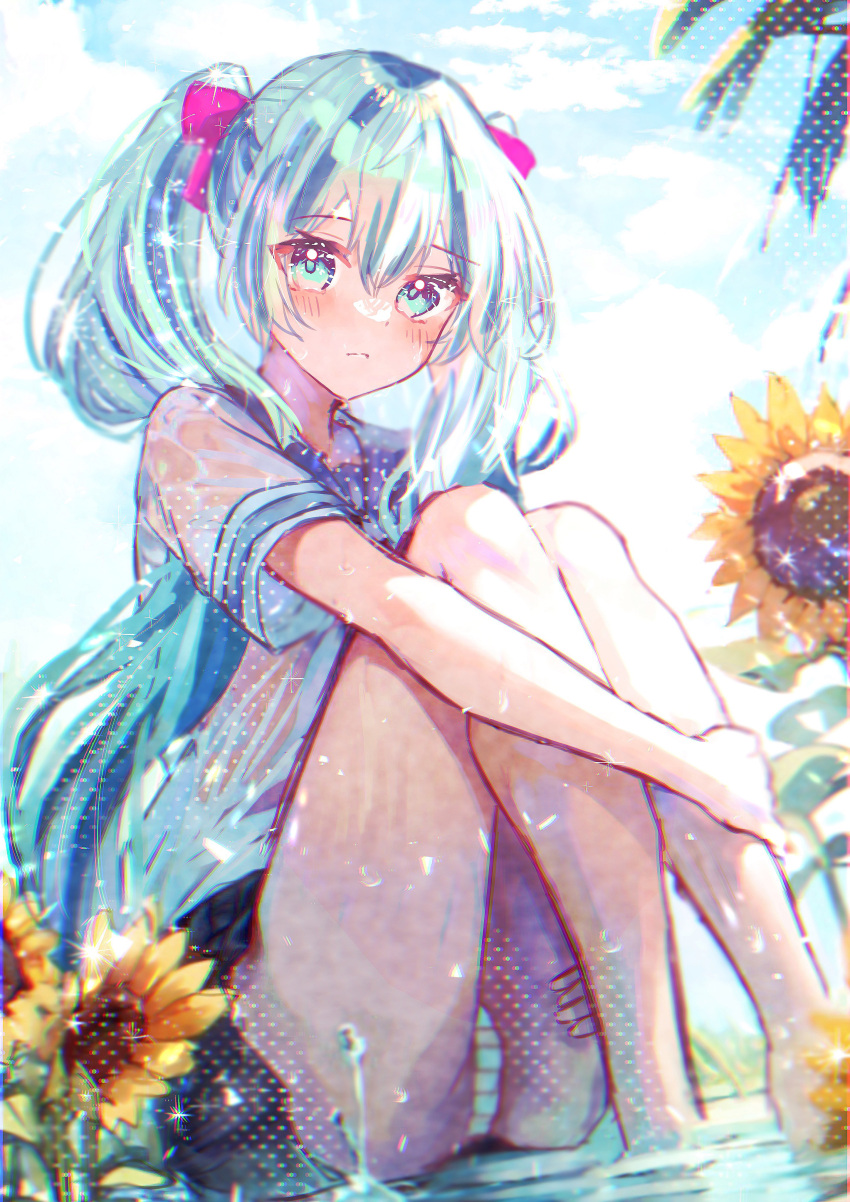 1girl absurdres aqua_eyes aqua_hair barefoot black_skirt blue_sky blurry blurry_background blush closed_mouth expressionless flower full_body grass hair_ornament hair_ribbon hatsune_miku highres holding_legs holding_own_leg long_hair looking_at_viewer natukisigure palm_leaf panties pantyshot pink_ribbon pleated_skirt ribbon sailor_collar see-through see-through_shirt shirt short_sleeves sitting skirt sky soaking_feet solo sparkle sparkle_background sparkling_eyes striped striped_panties sunflower twintails underwear upskirt very_long_hair vocaloid water yellow_flower yellow_panties