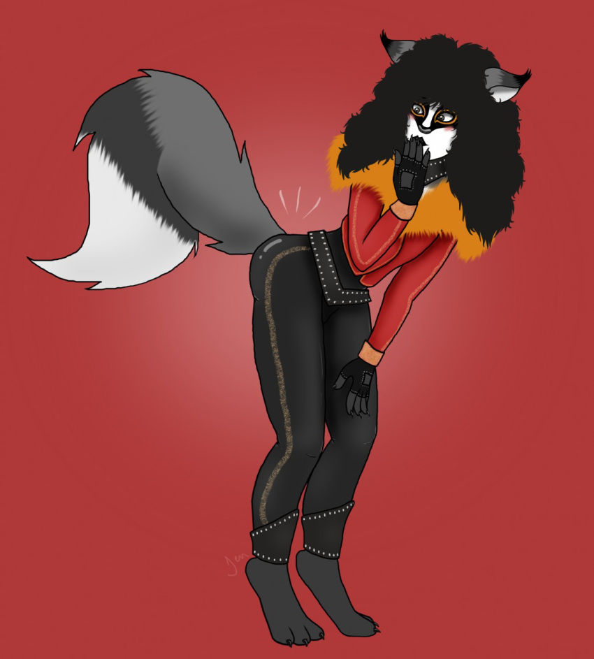 80's_theme 80s_hair alternate_species animal_humanoid big_hair black_hair bottomwear bubble_butt butt canid canid_humanoid canine canine_humanoid canis clothing covering covering_mouth dipstick_ears dipstick_tail eric_carr fluffy fluffy_tail fox fox_humanoid furrification girly hair hand_on_leg hi_res humanoid kiss_(band) leather leather_bottomwear leather_clothing leather_pants male mammal mammal_humanoid markings multicolored_ears no_shoes pants paws red_background simple_background solo spacefoxy tail tail_markings