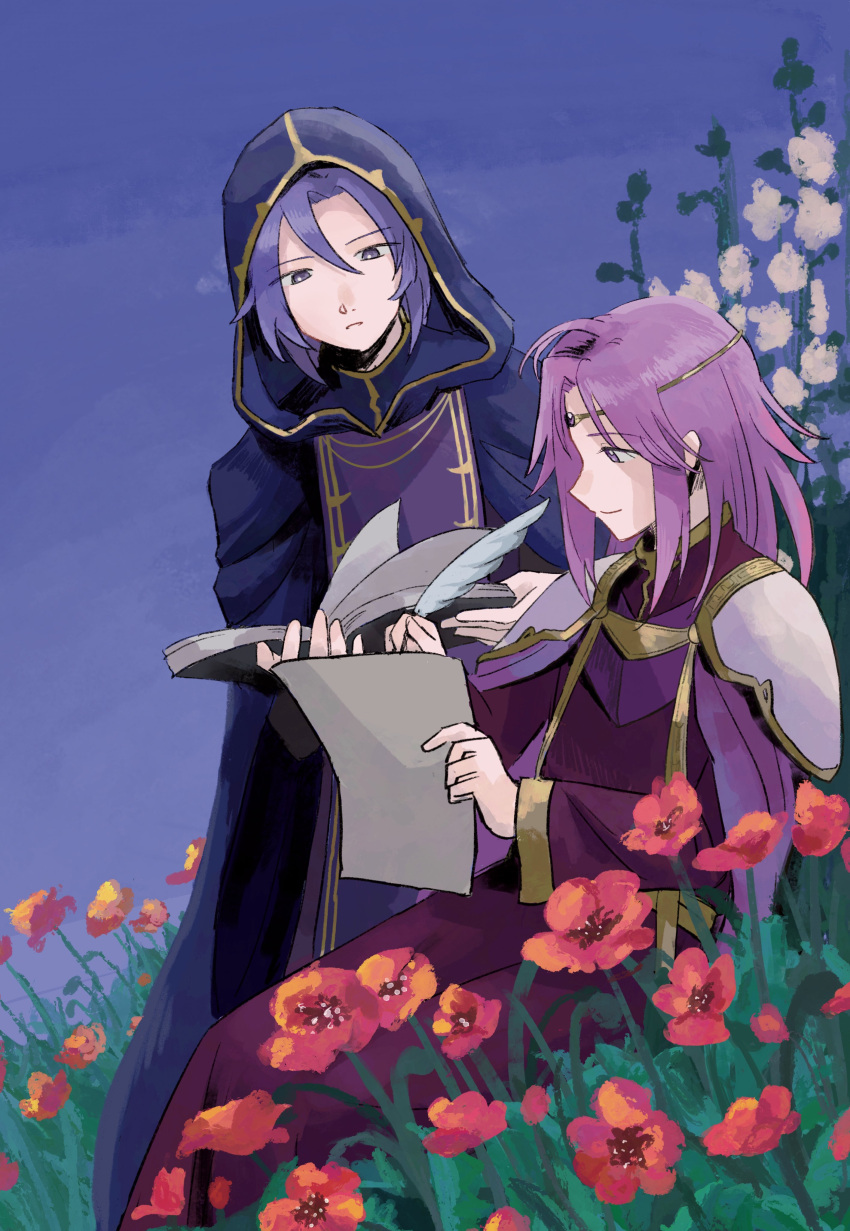 2boys absurdres blue_sky book cho_yoy circlet fire_emblem fire_emblem:_the_sacred_stones flower hair_between_eyes highres holding holding_book holding_paper holding_quill hooded_robe knoll_(fire_emblem) light_smile lyon_(fire_emblem) medium_hair multiple_boys open_book paper parted_lips purple_hair quill reading red_flower robe short_hair sky white_flower writing