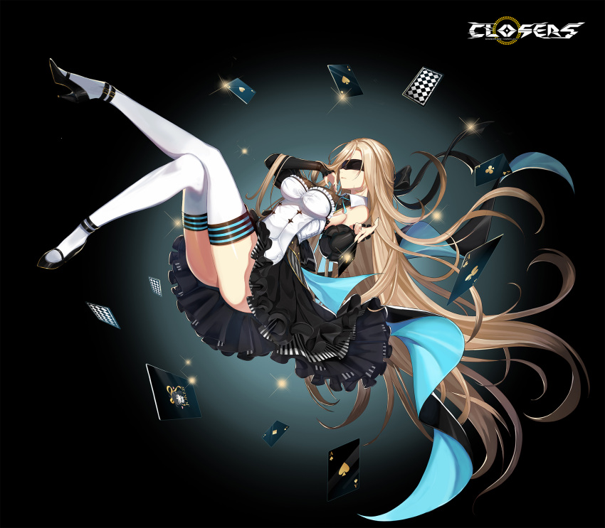 1girl anklet aqua_background bare_shoulders black_background black_blindfold black_bow black_dress black_footwear black_nails black_sleeves blindfold blue_ribbon bow card closers collared_dress copyright_name covered_eyes detached_sleeves dress frilled_dress frills full_body gradient_background hair_bow high_heels highres jewelry juliet_sleeves logo long_sleeves mary_janes neck_ribbon official_art playing_card puffy_sleeves ribbon shoes sleeveless sleeveless_dress sleeves_past_wrists solo tachi-e thighhighs two-tone_dress white_dress white_thighhighs zettai_ryouiki