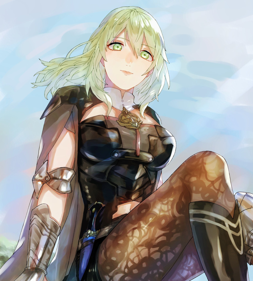 1girl abinosu0903 armor bodice breasts bustier byleth_(female)_(fire_emblem) byleth_(fire_emblem) cape closed_mouth clothing_cutout dagger fire_emblem fire_emblem:_three_houses green_hair hair_between_eyes highres knife large_breasts looking_at_viewer mature_female medium_hair navel_cutout outdoors pantyhose pantyhose_under_shorts patterned_legwear print_pantyhose shorts sitting sky solo tree vambraces weapon