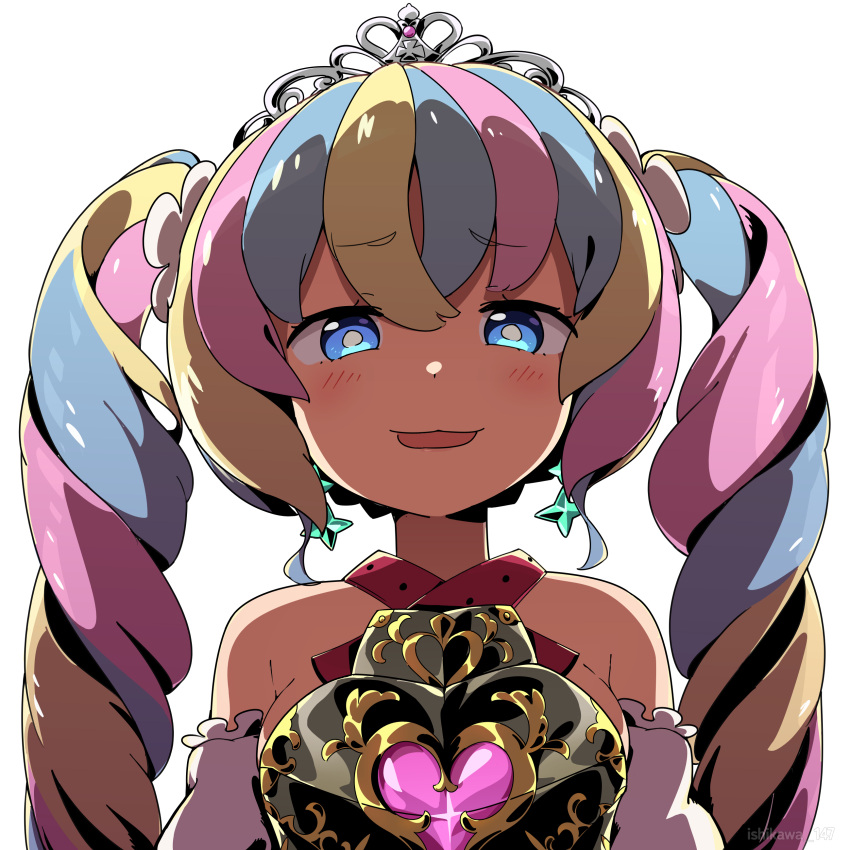 1girl absurdres aqua_hair backlighting bare_shoulders blonde_hair blue_eyes bright_pupils earrings highres ishikawa_147 jewelry long_hair looking_at_viewer multicolored_hair open_mouth pink_hair portrait princess_5_(sekaiju) sekaiju_no_meikyuu sekaiju_no_meikyuu_3 sekaiju_no_meikyuu_hd simple_background solo tiara twintails white_background white_pupils