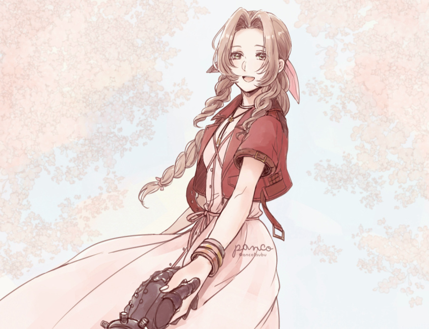 1boy 1girl aerith_gainsborough ancotsubu artist_name bangle black_gloves bracelet braid braided_ponytail breasts brown_hair buttons choker cloud_strife cowboy_shot cropped_jacket dress final_fantasy final_fantasy_vii final_fantasy_vii_remake flower_choker gloves hair_ribbon holding_hands jacket jewelry long_dress long_hair looking_at_viewer medium_breasts open_mouth outdoors parted_bangs pink_dress pink_ribbon red_jacket ribbon short_sleeves sidelocks single_braid smile solo_focus twitter_username wavy_hair