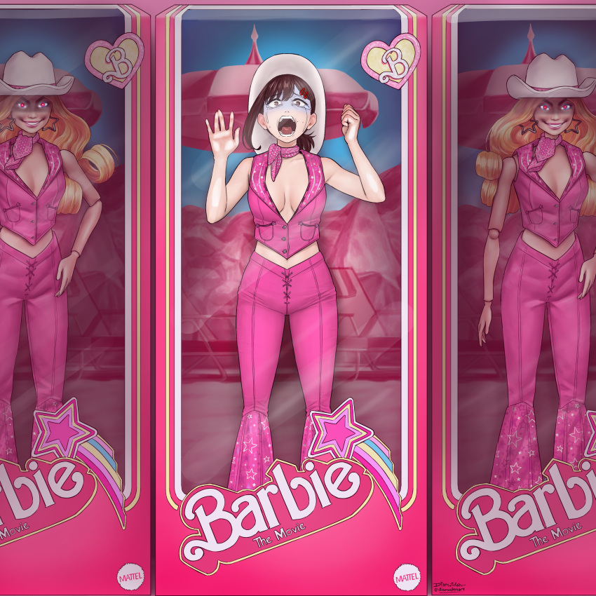 3girls absurdres bandana barbie_(character) barbie_(character)_(cosplay) barbie_(franchise) barbie_(live_action) blonde_hair breasts brown_eyes brown_hair chainsaw_man copyright_name cosplay cowboy_hat crop_top crying crying_with_eyes_open dismaiden glowing glowing_eyes hair_ornament hairclip hat higashiyama_kobeni highres long_hair medium_breasts midriff_peek mole mole_under_eye mole_under_mouth multiple_girls open_mouth pants pink_bandana pink_pants pink_shirt shirt side_ponytail single_sidelock sleeveless sleeveless_shirt solo_focus tears toy_box trapped
