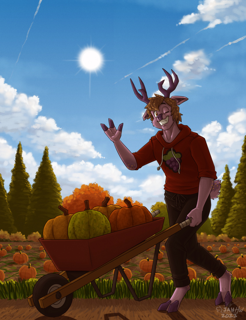 2023 2_toes 3_fingers anthro antlers artist_logo autumn barefoot black_eyebrows blue_sky bottomwear brown_bottomwear brown_clothing brown_hair brown_pants cheek_tuft clenched_teeth clothing cloven_hooves contrail countershade_tail countershading deer detailed_background digitigrade evergreen_tree eyebrows facial_tuft feet fingers food fruit fur gesture grass hair hi_res holding_wheelbarrow hoodie hooves horn logo looking_at_viewer male mammal one_eye_closed orange_eyes outside pants pine_tree pink_body pink_fur plant pumpkin pumpkin_patch purple_antlers purple_hooves purple_nose red_clothing red_hoodie red_topwear sammfeatblueheart shaded shadow short_tail signature sky smile solo speckled_body speckled_hair standing sun tail teeth toes topwear tree tuft walking waving waving_at_viewer wheelbarrow white_clouds