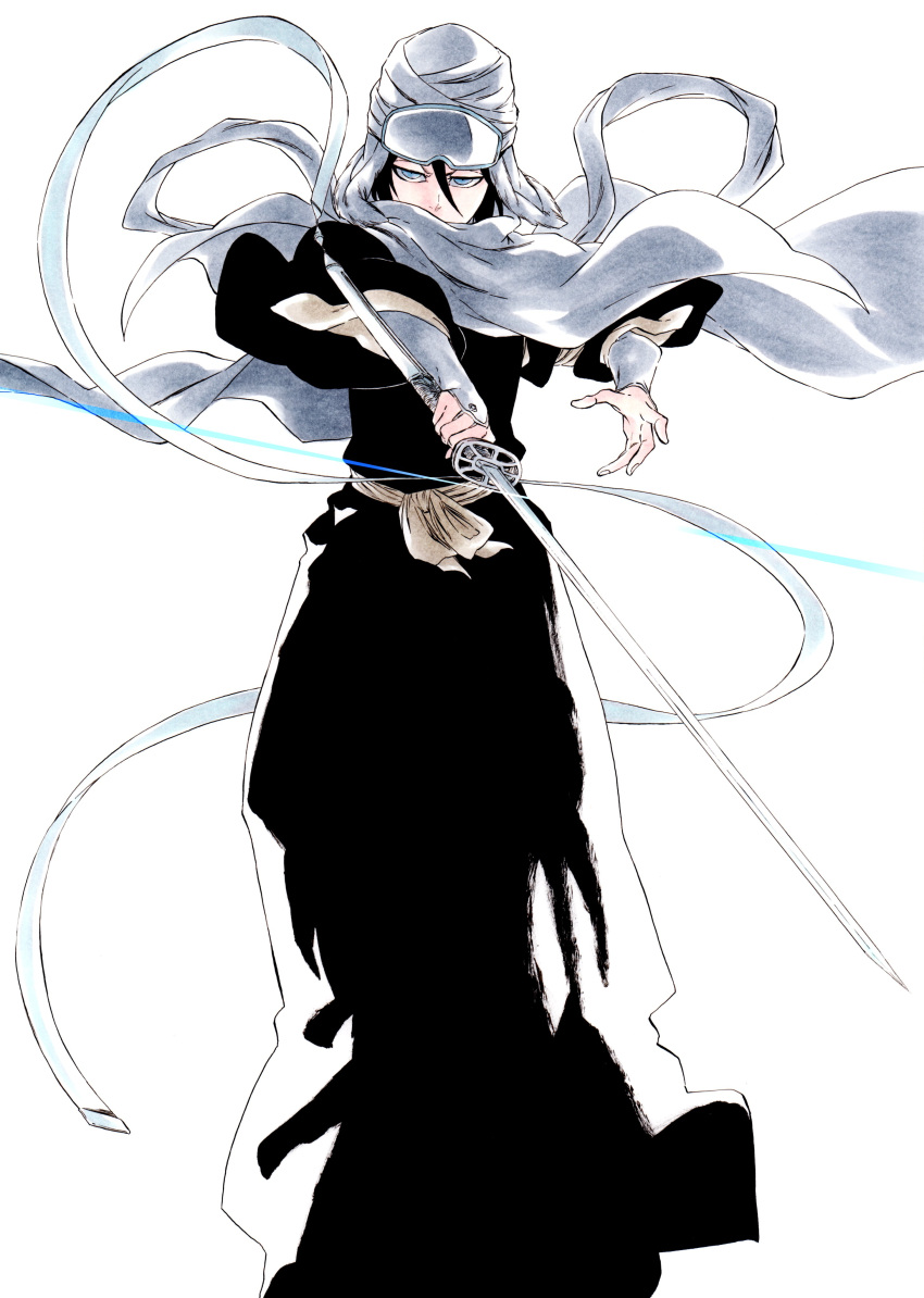 1girl absurdres black_hair black_hakama black_shirt bleach bleach:_sennen_kessen-hen blue_eyes cloak covered_mouth feet_out_of_frame floating_clothes fur_trim goggles goggles_on_head hair_between_eyes hakama highres holding holding_sword holding_weapon japanese_clothes katana ken'ichi_(ken1ro_u) kuchiki_rukia looking_at_viewer obi ribbon sash shihakusho shirt sode_no_shirayuki_(shikai) solo sword turban weapon white_background white_cloak white_headwear white_ribbon wide_sleeves