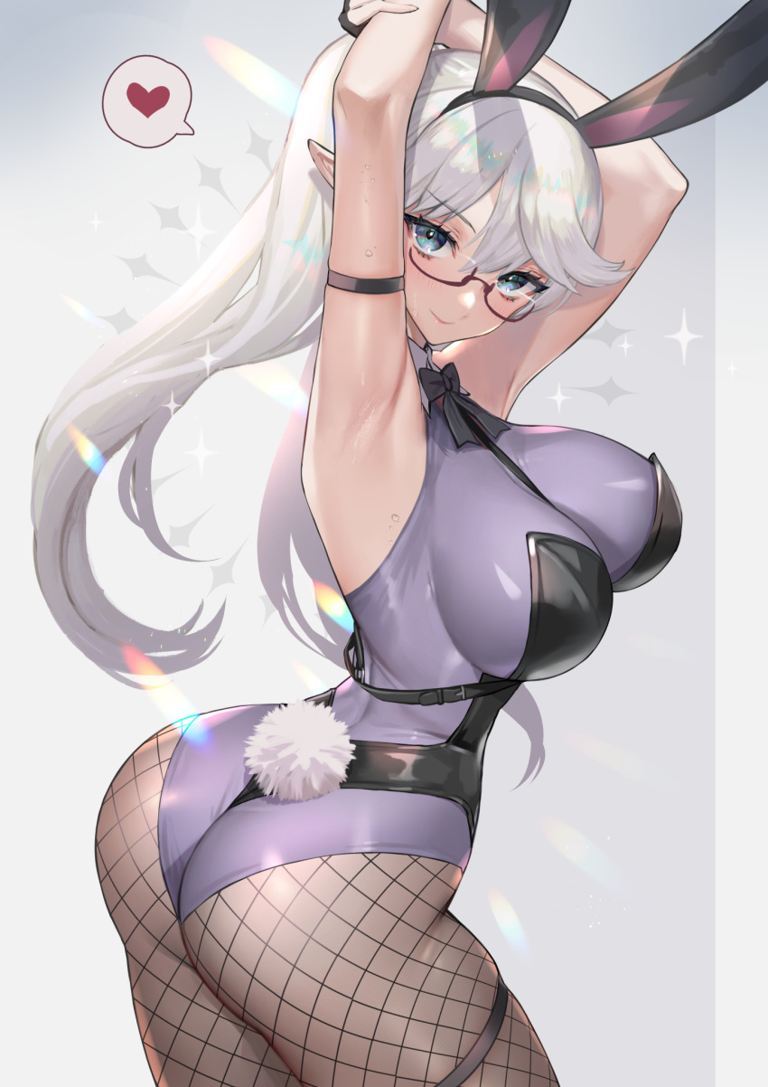 1girl animal_ears armpits arms_up ass between_breasts black_gloves black_leotard blue_eyes breasts collar fake_animal_ears fingerless_gloves fishnet_pantyhose fishnets glasses gloves grey_leotard heart highleg highleg_leotard highres hitowa large_breasts layered_clothes leotard long_hair looking_at_viewer looking_back original pantyhose playboy_bunny pointy_ears rabbit_ears rabbit_tail semi-rimless_eyewear skindentation solo spoken_heart tail thigh_strap thighs turning_head under-rim_eyewear white_hair
