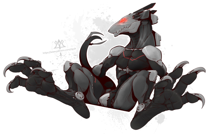anthro barefoot claws cybernetics cyborg feet foot_fetish foot_focus hi_res kredri looking_at_viewer machine male nude paws red_eyes sergal simple_background soles solo tail toe_claws toes