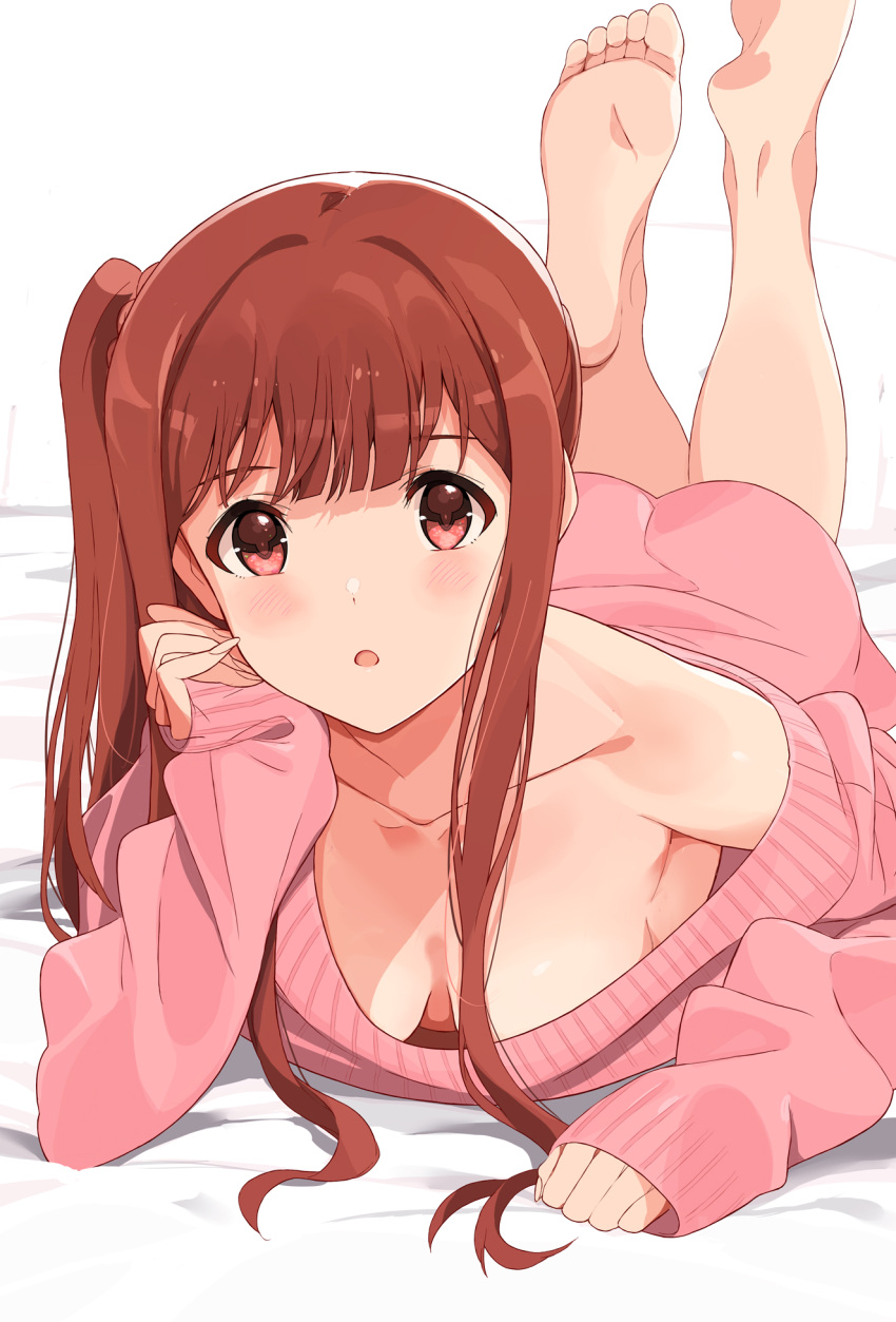 barefoot blunt_bangs breasts brown_hair collarbone commentary_request highres idolmaster idolmaster_million_live! long_hair looking_at_viewer lying medium_breasts off_shoulder on_bed on_stomach pink_sweater red_eyes side_ponytail sidelocks single_bare_shoulder sleeves_past_wrists sweat sweater tanaka_kotoha tetsujin_momoko