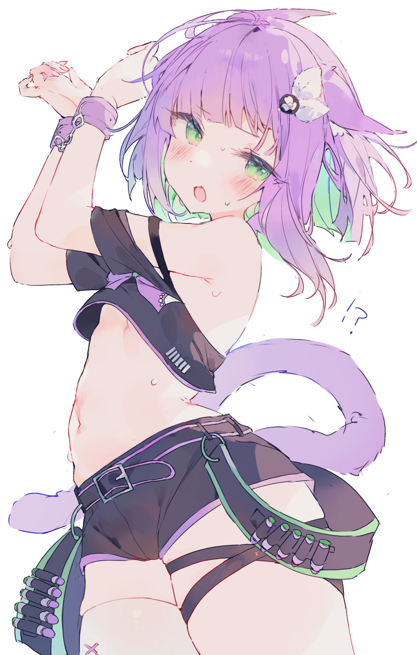 !? 1girl absurdres animal_ears arched_back arms_up bare_shoulders belt black_belt black_shirt black_shorts blunt_bangs blush bow breasts cat_ears cat_girl cat_tail colored_inner_hair cowboy_shot crop_top cuffs embarrassed fang from_side green_eyes green_hair hair_ornament handcuffs head_tilt highres indie_virtual_youtuber midriff multicolored_hair navel no_bra o_(jshn3457) off-shoulder_shirt off_shoulder open_mouth pink_bow pink_hair shirt short_hair short_sleeves shorts shwaa sideways_glance simple_background single_thighhigh sketch skindentation small_breasts solo strap_slip sweat tail thigh_strap thighhighs two-tone_hair underboob virtual_youtuber white_background white_thighhighs