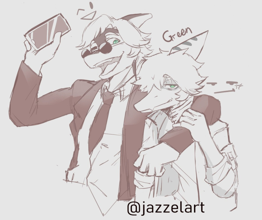 5_fingers anthro arm_around_another arm_around_shoulders arm_grab blazer bone_frill cellphone clothed clothing cross-popping_vein dinosaur duo english_text eyewear fingers frill_(anatomy) green_(snoot_game) hadrosaurid holding_cellphone holding_object holding_phone holding_smartphone jazzelart male monochrome narrowed_eyes necktie one_eye_closed open_mouth open_smile ornithischian parasaurolophus phone pterodactylus pterosaur reptile scalie shirt simple_background slight_smile smartphone smile snout spot_color suit sunglasses teeth text tongue topwear wink