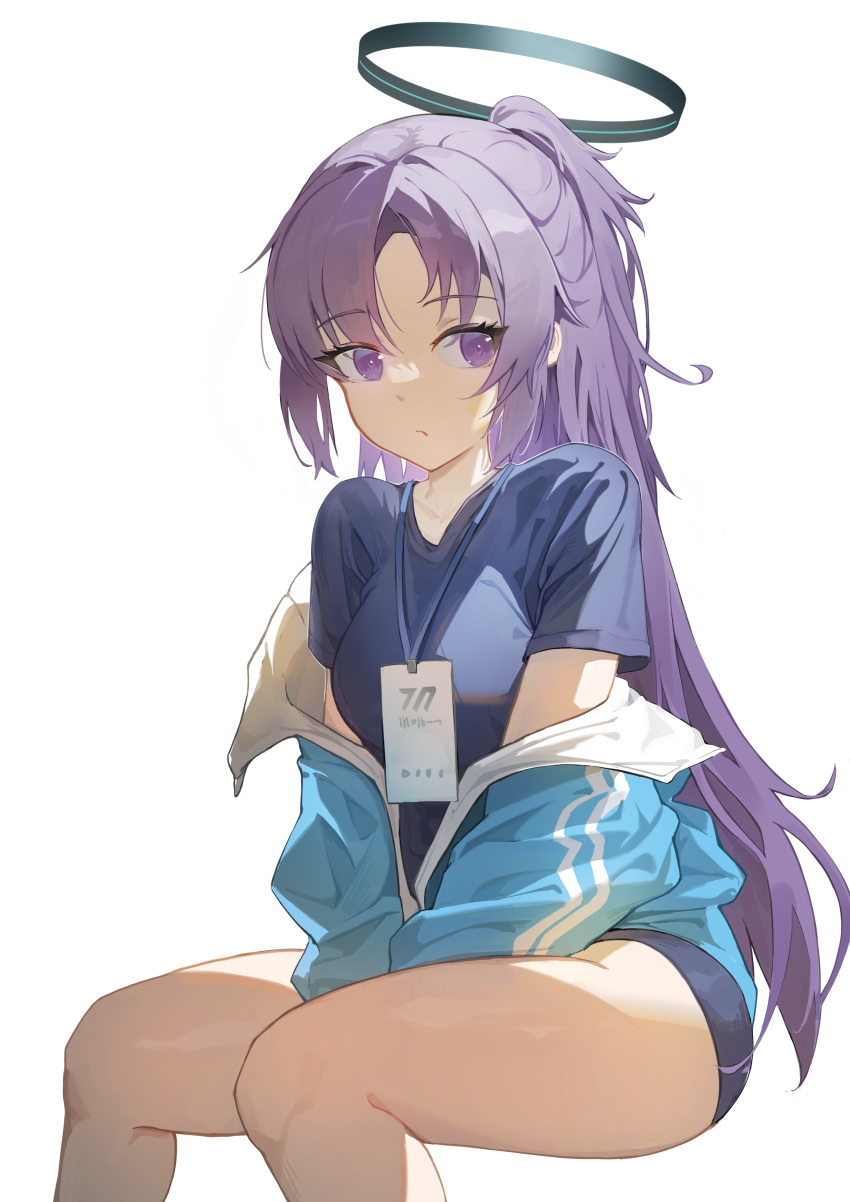 1girl absurdres black_buruma black_shirt blue_archive blue_jacket buruma closed_mouth feet_out_of_frame halo highres id_card jacket lanyard long_hair mechanical_halo official_alternate_costume partially_unzipped ponytail purple_eyes purple_hair riok_hh shirt simple_background solo track_jacket white_background yuuka_(blue_archive) yuuka_(track)_(blue_archive)
