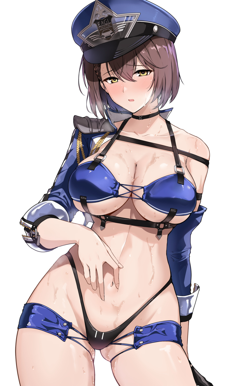 1girl azur_lane baltimore_(azur_lane) baltimore_(finish_line_flagbearer)_(azur_lane) bangs bikini black_bikini black_gloves black_thighhighs blue_bikini blue_headwear blue_jacket blush breasts brown_hair character_name choker cleavage collarbone cropped_jacket flag gloves grin halcon highleg highleg_bikini highres jacket large_breasts long_sleeves looking_at_viewer micro_shorts mismatched_bikini navel official_alternate_costume open_mouth race_queen short_hair shorts single_glove sky smile solo swimsuit thighhighs thighs yellow_eyes