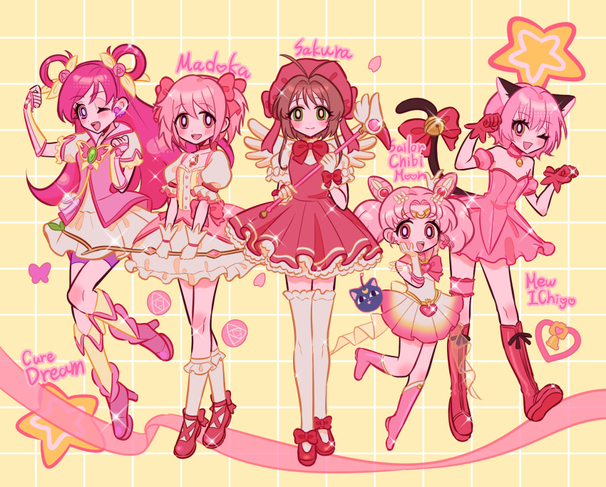 5girls 83u99 animal_ears bishoujo_senshi_sailor_moon blush blush_stickers boots brown_hair cardcaptor_sakura cat_ears chibi_usa color_connection commentary cure_dream english_commentary gloves green_eyes hair_rings hand_on_own_cheek hand_on_own_face highres kaname_madoka kinomoto_sakura long_hair magical_girl mahou_shoujo_madoka_magica mew_ichigo momomiya_ichigo multiple_girls one_eye_closed open_mouth pink_eyes pink_footwear pink_hair pink_sailor_collar precure purple_eyes red_footwear red_gloves sailor_chibi_moon sailor_collar short_hair smile thighhighs tokyo_mew_mew twintails white_gloves white_thighhighs yes!_precure_5 yes!_precure_5_gogo! yumehara_nozomi