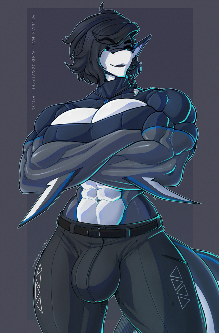 abs anthro arm_fins black_hair blue_eyes bottomwear breasts bulge cleavage clothed clothing eyebrow_through_hair eyebrows fin fish gynomorph hair hi_res intersex jewelry looking_at_viewer marine muscular muscular_anthro necklace pants shark translucent translucent_hair