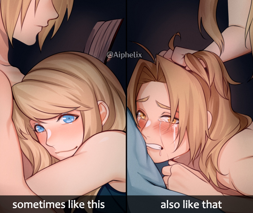 1boy 1girl aiphelix blonde_hair blue_eyes blush comforting crying crying_with_eyes_open edward_elric english_text fullmetal_alchemist grabbing_another's_hair grin hair_pulled_back hetero highres hug implied_anal implied_sex long_hair looking_at_viewer meme on_bed saliva smile sometimes_like_this/also_like_that_(meme) streaming_tears tears winry_rockbell yellow_eyes