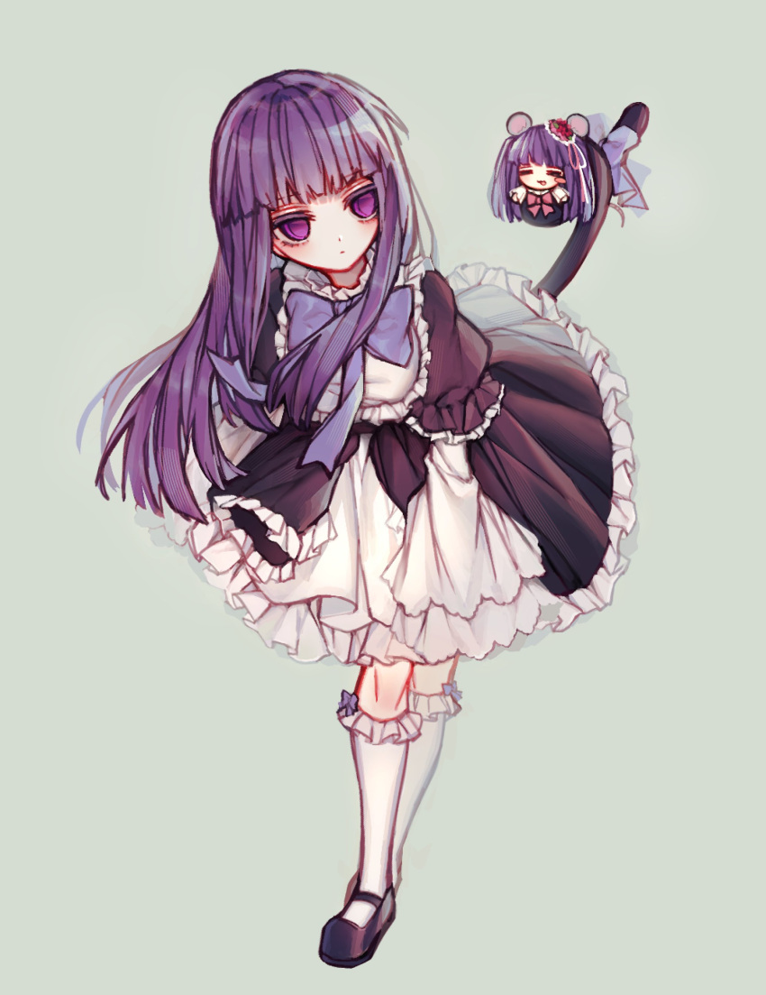 2girls :3 :p =_= absurdres animal_ears black_dress black_footwear blue_bow blue_bowtie blush_stickers bow bow_legwear bowtie cat_tail chibi dress empty_eyes flower frederica_bernkastel frilled_dress frilled_sleeves frilled_socks frills full_body furudo_erika green_background hair_flower hair_ornament hair_ribbon highres hime_cut kneehighs layered_dress long_hair looking_at_another mary_janes mini_person minigirl mouse_ears mouse_girl mouse_tail multiple_girls najaggwaeng pink_bow pink_bowtie puffy_sleeves purple_eyes purple_hair ribbon shoes sidelocks simple_background single_blush_sticker sleeves_past_fingers sleeves_past_wrists socks standing tail tail_bow tail_ornament tongue tongue_out twintails umineko_no_naku_koro_ni white_socks wide_sleeves
