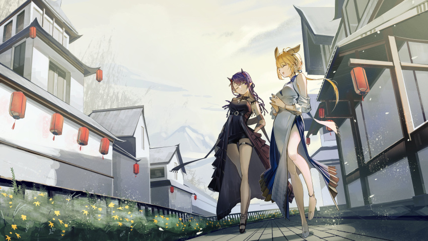 2girls absurdres animal_ears architecture arknights black_dress black_footwear blonde_hair blue_nails breasts building bush chinese_clothes closed_eyes cloud commentary demon_girl demon_horns dress east_asian_architecture full_body grey_sky highres horns kroos_(arknights) kroos_the_keen_glint_(along_the_corridor)_(arknights) kroos_the_keen_glint_(arknights) lantern large_breasts lava_(arknights) lava_the_purgatory_(arknights) lava_the_purgatory_(dusk_wisteria)_(arknights) long_hair mountainous_horizon multiple_girls nail_polish natsuba002 one_eye_closed outdoors pointy_ears ponytail purple_hair rabbit_ears rabbit_girl railing side_slit sky thigh_strap white_dress white_footwear