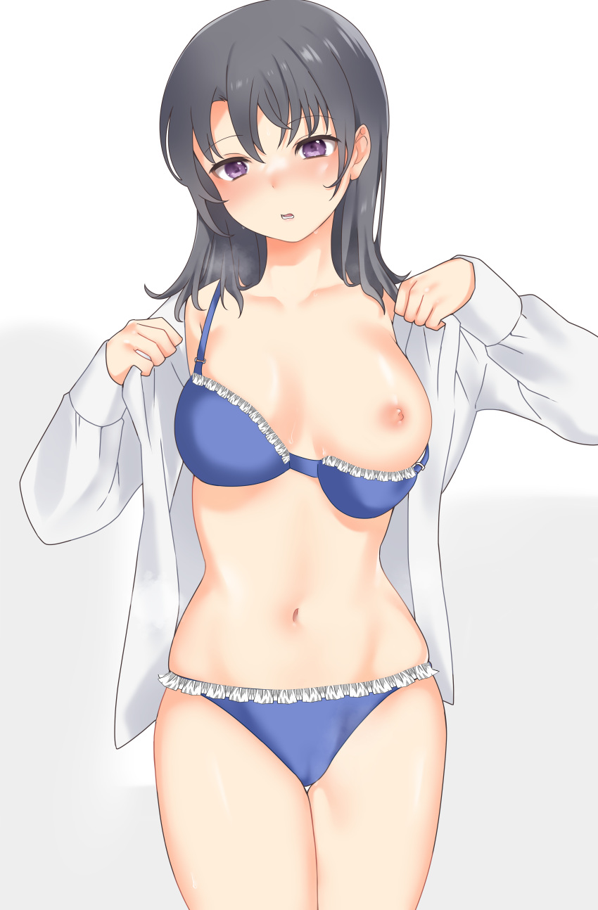 1girl absurdres black_hair blue_bra blue_eyes blue_panties blush bra bra_pull clothes_pull cowboy_shot frilled_bra frilled_panties frills frown half-closed_eyes highres looking_at_viewer medium_hair navel nipples no-a-021 no_pants open_clothes open_mouth open_shirt opened_by_self original panties solo standing sweat underwear