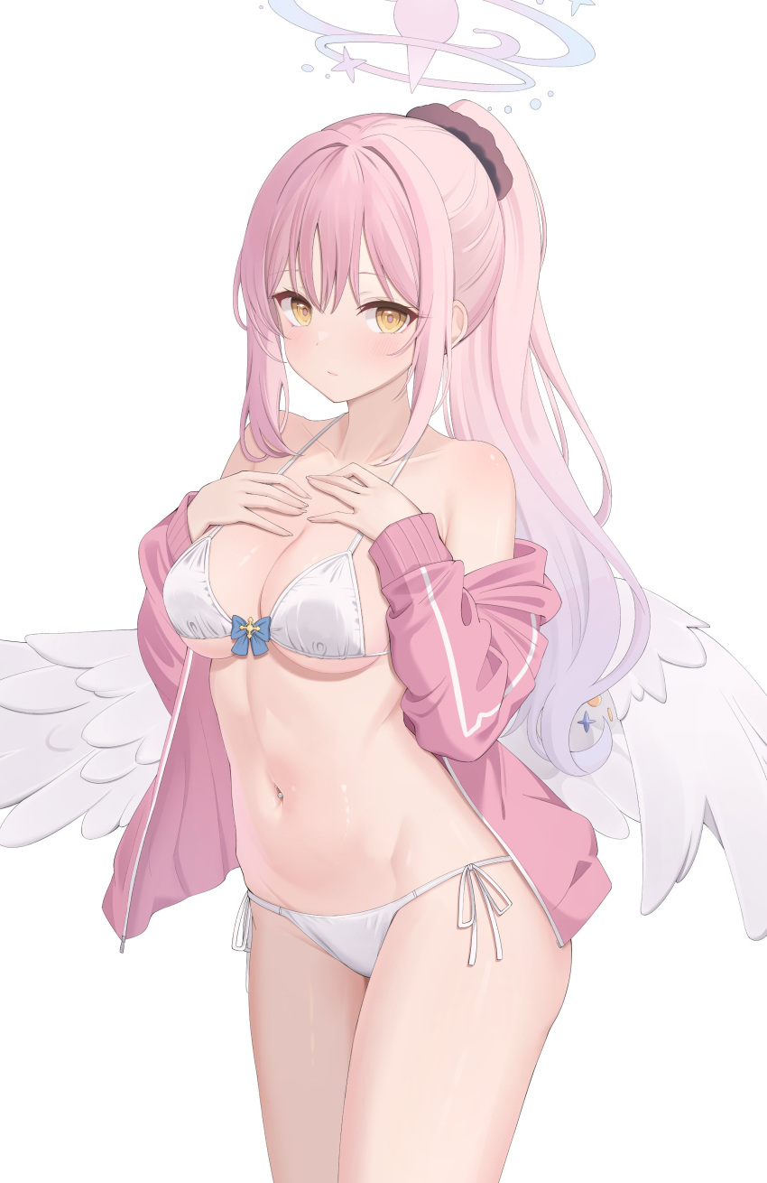 1girl absurdres angel_wings bare_shoulders bikini blue_archive blush bow bow_bikini breasts cleavage closed_mouth collarbone commentary feathered_wings hair_ornament hair_scrunchie halo halterneck hands_on_own_chest high_ponytail highres hiyayo25 jacket large_breasts long_hair long_sleeves looking_at_viewer low_wings mika_(blue_archive) navel navel_piercing off_shoulder piercing pink_hair pink_jacket ponytail scrunchie side-tie_bikini_bottom sidelocks simple_background solo stomach swimsuit white_background white_bikini white_wings wing_ornament wings yellow_eyes