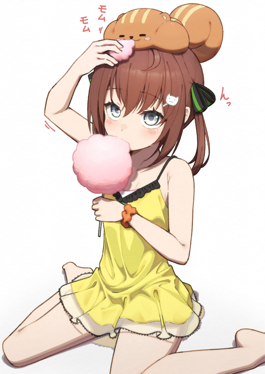 1girl absurdres arm_up armpit_crease barefoot black_ribbon breasts brown_hair chipmunk cleavage commentary_request cotton_candy dress eating eyelashes fang gradient_background green_ribbon grey_background grey_eyes hair_between_eyes hair_ornament hairclip hand_up highres holding hololive lunch_boxer matsurisu natsuiro_matsuri on_ground on_head one_side_up partial_commentary pleated_dress ribbon scrunchie short_dress sidelocks sitting small_breasts sound_effects squirrel striped striped_ribbon thighs virtual_youtuber wariza white_background wrist_scrunchie yellow_dress