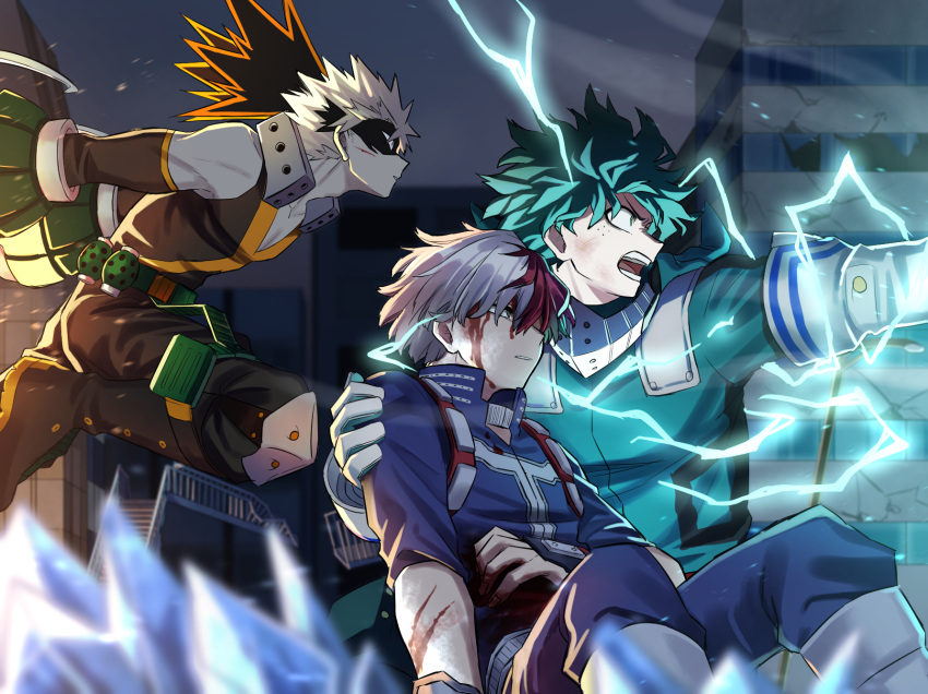 3boys angry aqua_bodysuit aqua_gloves aqua_hair arm_around_back arm_at_side baggy_pants bakugou_katsuki belt black_footwear black_mask black_pants black_tank_top bleeding blonde_hair blood blood_on_face blood_on_hands blurry blurry_background blurry_foreground boku_no_hero_academia boots broken_bridge broken_window burn_scar colored_shoe_soles combat_boots crack cracked_wall cuts depth_of_field detached_sleeves electricity embers explosive eye_mask floating_hair flying freckles from_side furrowed_brow gloves glowing grenade grey_eyes hand_on_another's_arm hand_on_own_stomach hand_up hands_up headgear high_collar highres ice injury knee_boots knee_pads knee_up knees_up leaning_on_person looking_ahead looking_at_another looking_to_the_side male_focus mask mask_around_neck midair midoriya_izuku mouth_mask multicolored_hair multiple_boys open_mouth outdoors outstretched_arm outstretched_arms pants parted_lips profile railing red_eyes red_hair rumos_115 sanpaku scar scar_on_face serious short_hair sleeves_past_elbows spiked_hair split-color_hair stairs tank_top todoroki_shouto turning_head two-tone_hair upper_body v-neck white_footwear white_gloves white_hair