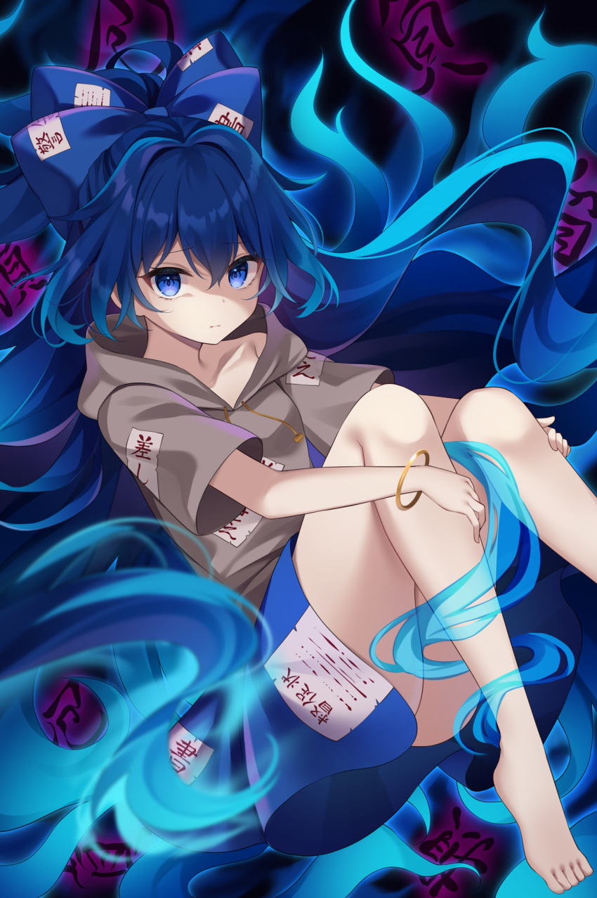 1girl bangle bare_legs barefoot black_background blue_bow blue_eyes blue_hair blue_skirt bow bracelet closed_mouth debt drawstring feet full_body glowing glowing_hair grey_hoodie hair_between_eyes hair_bow highres hood hood_down hoodie jewelry light_frown long_hair looking_at_viewer miy@ simple_background skirt solo thighs toes touhou very_long_hair yorigami_shion