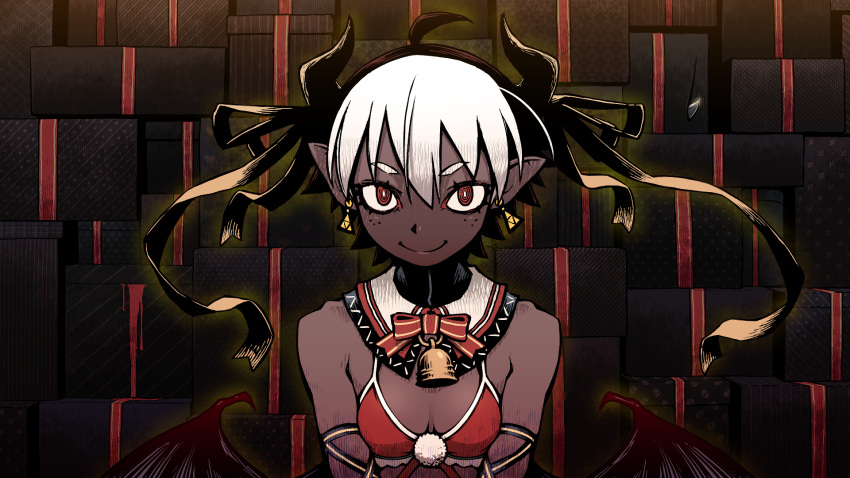 1girl ahoge bell bikini bow bowtie box breasts bright_pupils christmas commentary_request dark-skinned_female dark_skin demon_girl demon_horns demon_wings detached_collar earrings freckles gift gift_box highres horn_ornament horn_ribbon horns jewelry looking_at_viewer low_wings neck_bell original pointy_ears pom_pom_(clothes) red_bikini red_eyes ribbon ringed_eyes santa_bikini short_hair small_breasts smile solo swimsuit upper_body wang-pac white_hair white_pupils wings