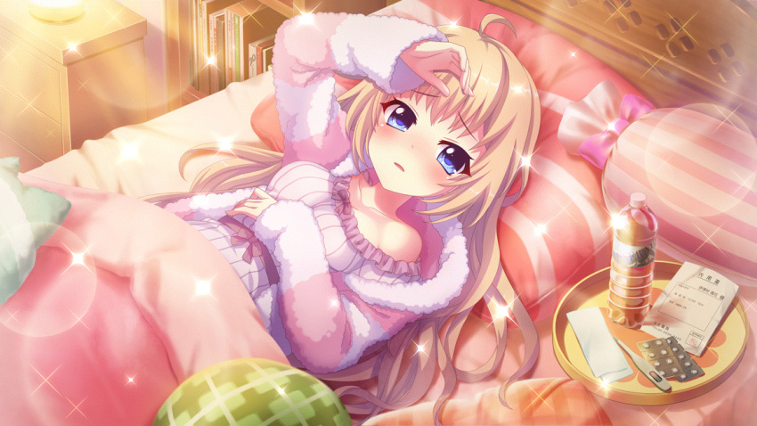 1girl ahoge bedroom blue_eyes blush book bookshelf bottle breasts chest_of_drawers cleavage collarbone digital_thermometer dot_nose fever film_grain frilled_pajamas fuzzy_clothes game_cg hair_down hand_on_own_head hand_on_own_stomach indoors itsumura_haruka izumi_tsubasu lens_flare light_brown_hair long_hair long_sleeves looking_at_viewer medicine medium_breasts non-web_source official_art pajamas parted_lips pink_pajamas re:stage! sick single_off_shoulder solo sparkle striped_pillow thermometer tray under_covers water_bottle