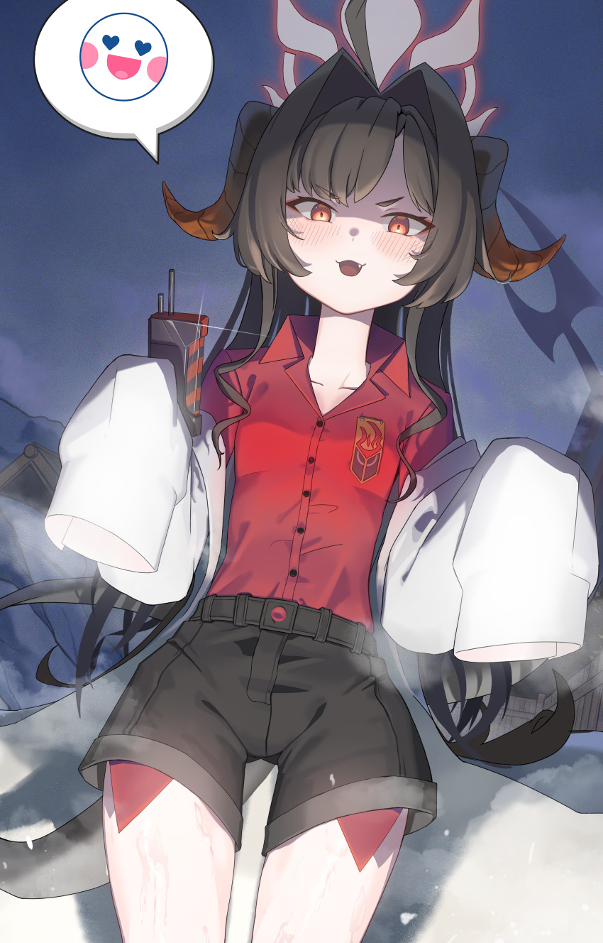 1girl :3 :d absurdres bangs belt black_hair black_shorts blue_archive blurry blush coat collarbone commentary_request controller demon_girl demon_horns demon_tail depth_of_field fang halo highres holding holding_remote_control horns kasumi_(blue_archive) kkami15 long_hair long_sleeves looking_at_viewer onsen parted_bangs red_eyes remote_control school_uniform shaded_face shorts sidelocks sleeves_past_wrists smile solo spoken_expression steam tail visible_air white_coat