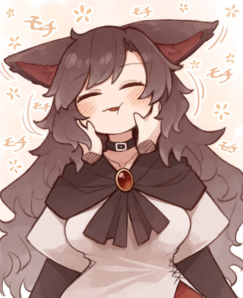 1girl animal_ear_fluff animal_ears blush brooch brown_hair closed_eyes collarbone dress highres imaizumi_kagerou jewelry kaginoni long_hair long_sleeves motion_lines open_mouth red_dress solo touhou upper_body white_dress wolf_ears