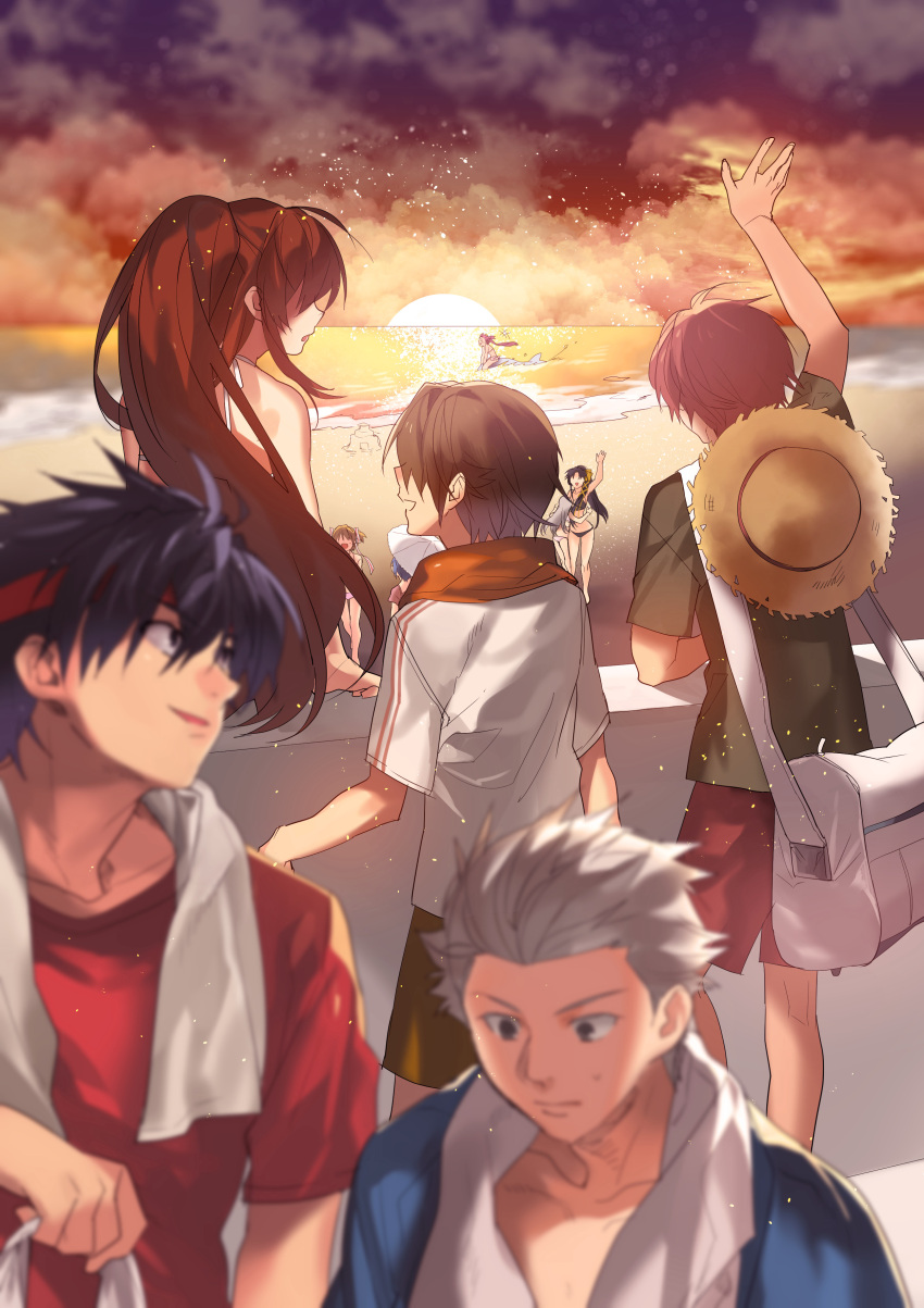 4boys 6+girls absurdres arm_up backlighting beach bikini black_bikini black_hair blurry brown_hair casual closed_mouth cloud cloudy_sky comiket_88 commentary_request depth_of_field friends from_behind frown green_shirt grey_hair hat highres inohara_masato kamikita_komari key_(company) kurugaya_yuiko light_particles little_busters! long_hair miyazawa_kengo multiple_boys multiple_girls naoe_riki natsume_kyousuke natsume_rin nishizono_mio noumi_kudryavka ocean open_mouth outdoors ponytail red_shirt red_shorts saigusa_haruka second-party_source sennen_suisei shirt short_hair short_sleeves shorts sitting sky smile spiked_hair standing straw_hat sunset swimsuit very_long_hair waving