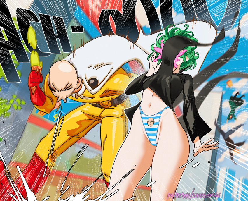 2boys 2girls accidental_exposure assisted_exposure bald belt black_belt black_dress black_shirt blue_sky boots breasts building cape character_print cloud collared_dress commentary covered_navel day dress eating emphasis_lines english_commentary food fubuki_(one-punch_man) gloves green_dress green_eyes green_hair highleg highleg_panties highres holding holding_food holding_ice_cream ice_cream king_(one-punch_man) long_sleeves multiple_boys multiple_girls one-punch_man outdoors panties patreon_username red_footwear red_gloves saitama_(one-punch_man) shirt siblings sisters sky small_breasts sneezing snegovski standing striped striped_panties tatsumaki thighs tongue tongue_out underwear web_address white_cape