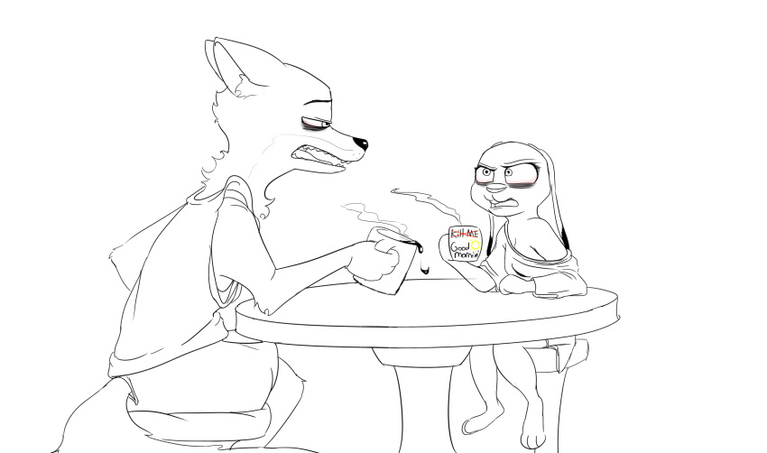 anthro beverage canid canine coffee disney duo english_text female fox furniture hi_res humor judy_hopps lagomorph leporid male male/female mammal nick_wilde rabbit simple_background spoof_(artist) table text tired white_background zootopia