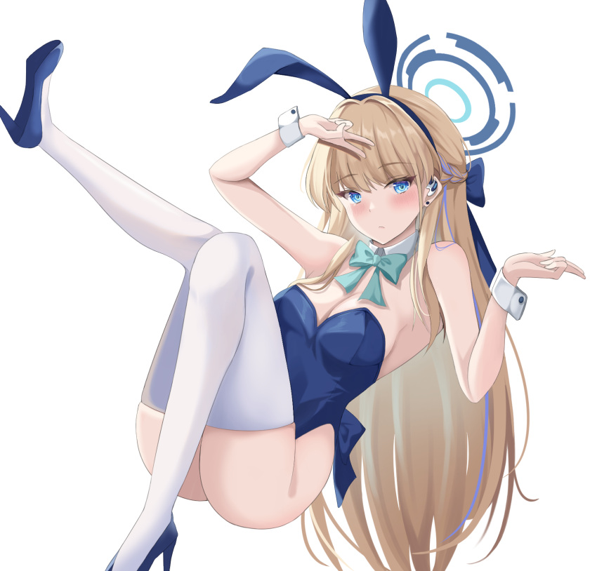 1girl animal_ears aqua_bow aqua_bowtie blonde_hair blue_archive blue_bow blue_eyes blue_footwear blue_hair blue_leotard blunt_bangs blush bow bowtie braid breasts closed_mouth commentary_request detached_collar double_v earpiece fake_animal_ears french_braid full_body hair_bow hand_up high_heels highres leg_up leotard looking_at_viewer medium_breasts mokkon_doru multicolored_hair official_alternate_costume playboy_bunny rabbit_ears simple_background solo strapless strapless_leotard streaked_hair thighhighs thighs toki_(blue_archive) toki_(bunny)_(blue_archive) v white_background white_thighhighs wrist_cuffs