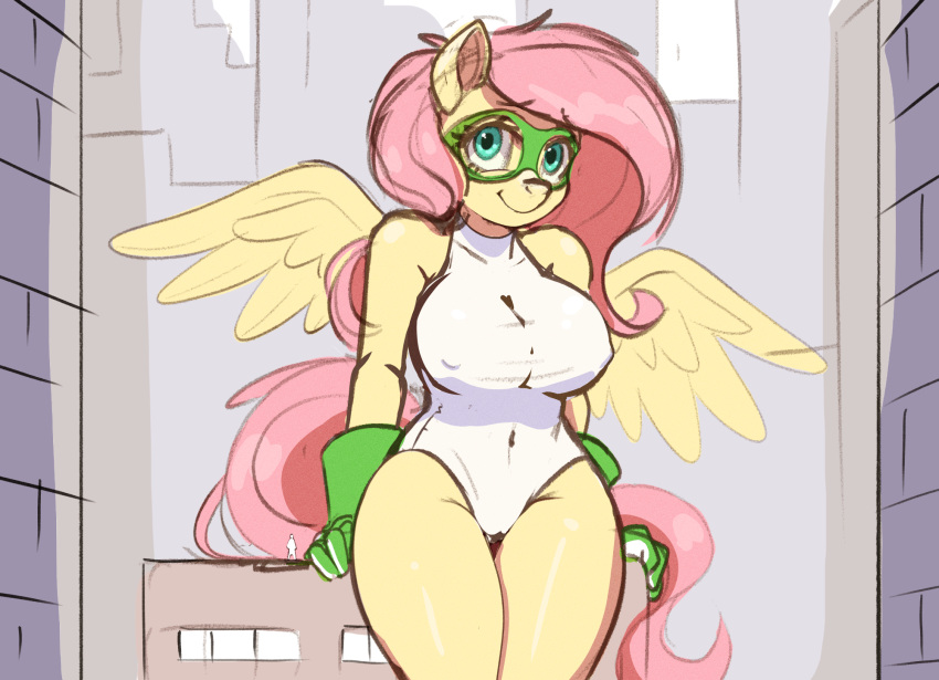 blue_eyes building camel_toe city clothing equid equine fluttershy_(mlp) friendship_is_magic gloves hair handwear hasbro hi_res leaning leotard looking_at_viewer macro mammal my_little_pony ncmares nipple_outline pegasus pink_hair skyscraper smile solo superhero wings