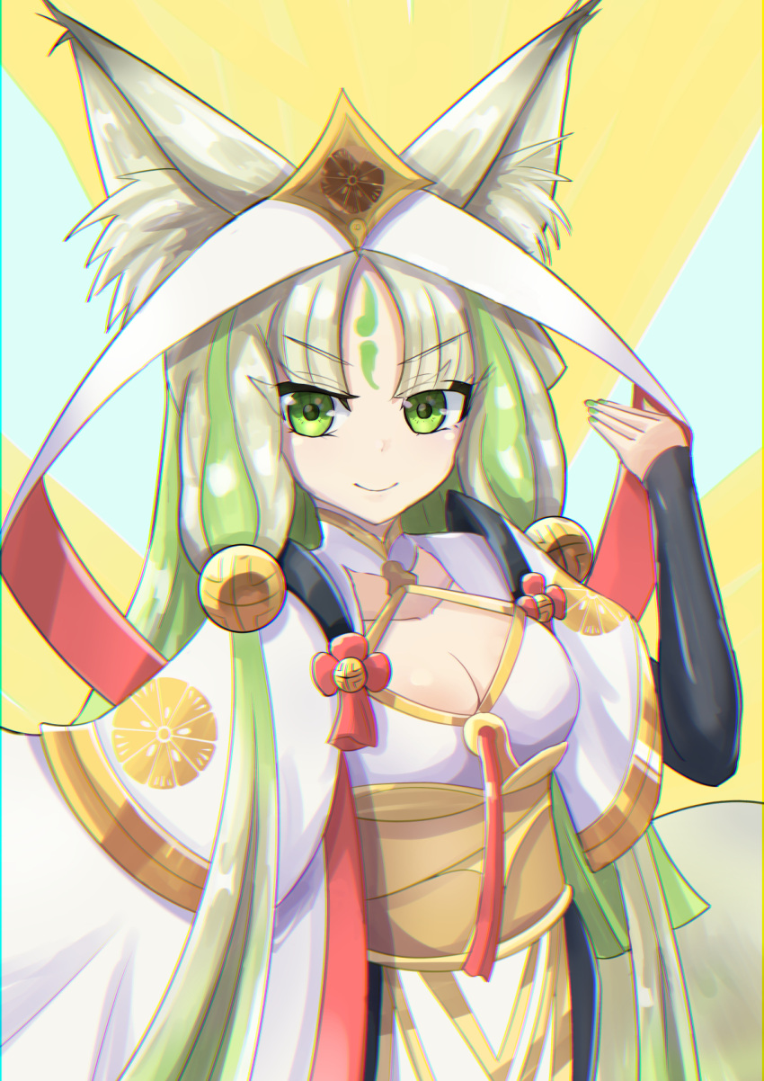 1girl animal_ears anmo_nomi arahime_the_manifested_mikanko breasts cleavage_cutout clothing_cutout clothing_request duel_monster facial_mark forehead_mark fox_ears fox_girl fu-ri_the_orb_mikanko green_eyes green_hair highres japanese_clothes kimono large_ears long_hair medium_breasts parted_bangs sidelocks smile solo very_long_hair very_long_sleeves yu-gi-oh!